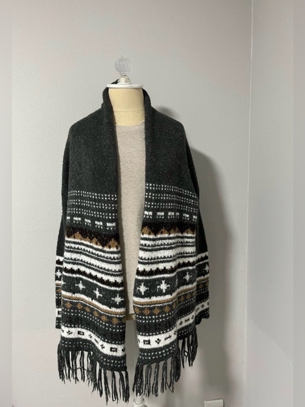 Press Grey Patterned Cardigan with Fringe